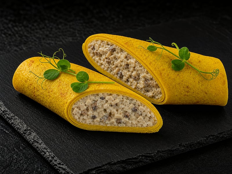 Жовтий млинець з куркою та грибами